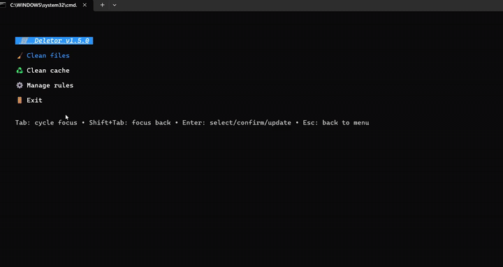 Deletor TUI interface demonstration