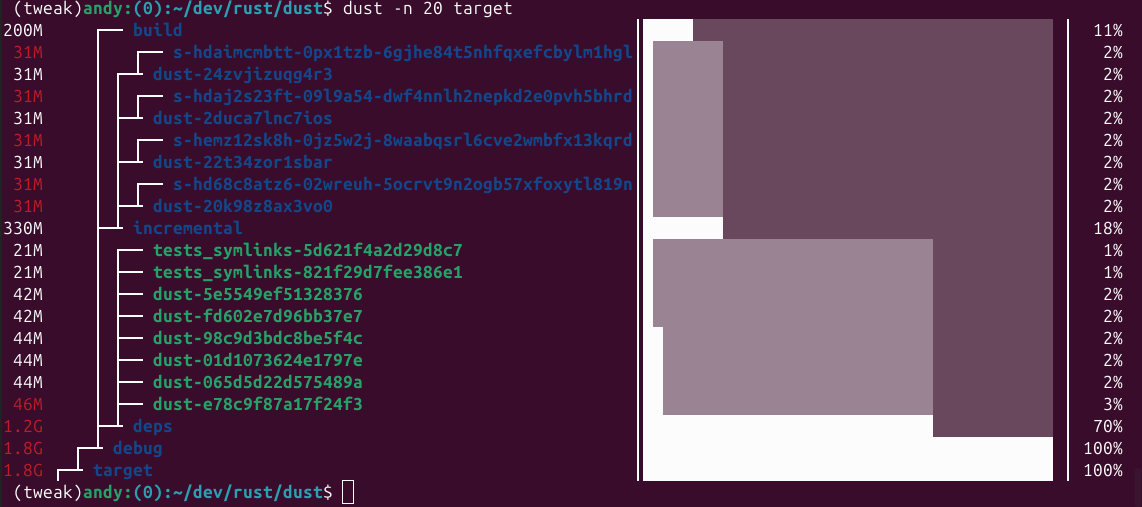 Dust output showing directory tree with visual bars