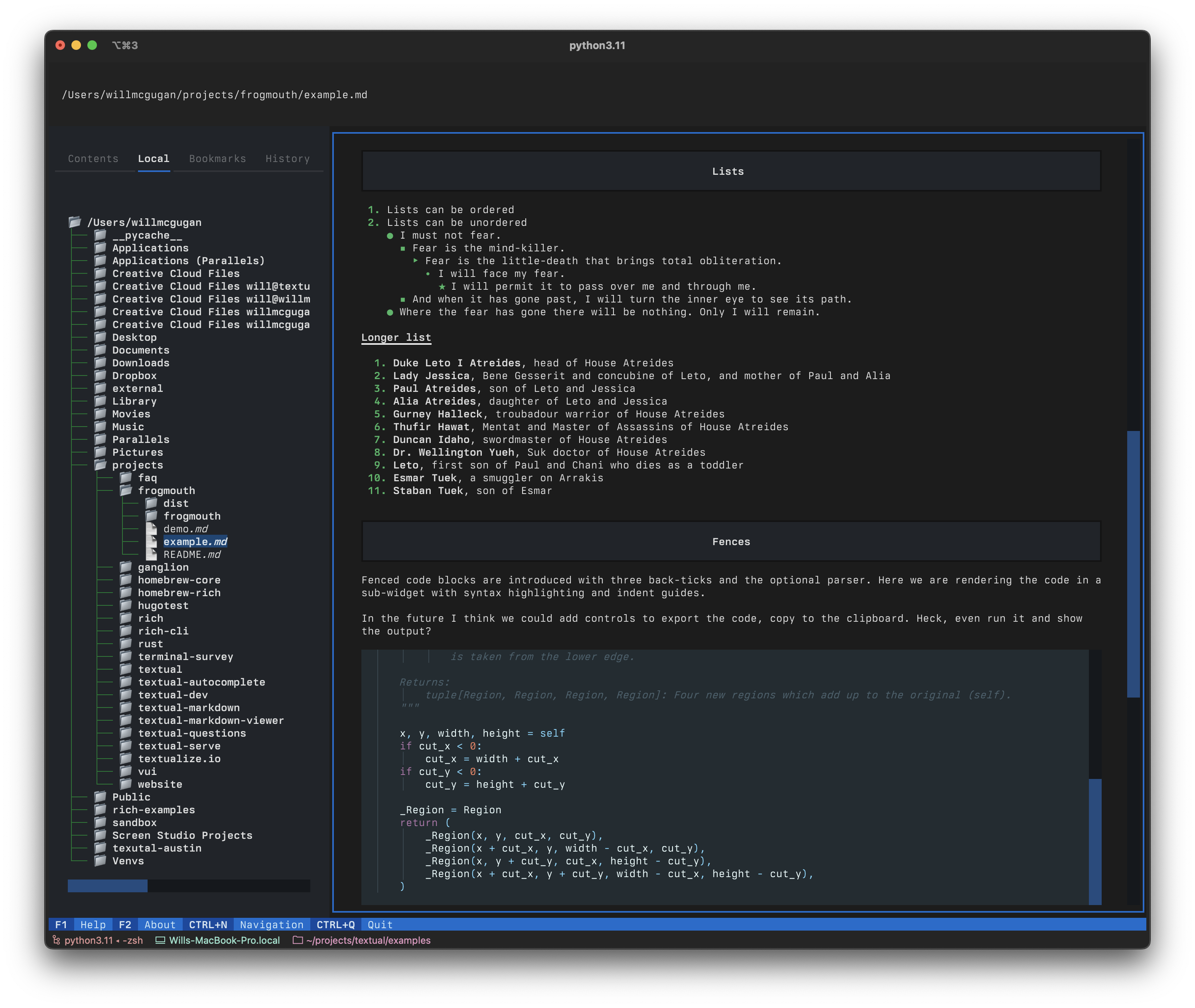 Frogmouth table of contents