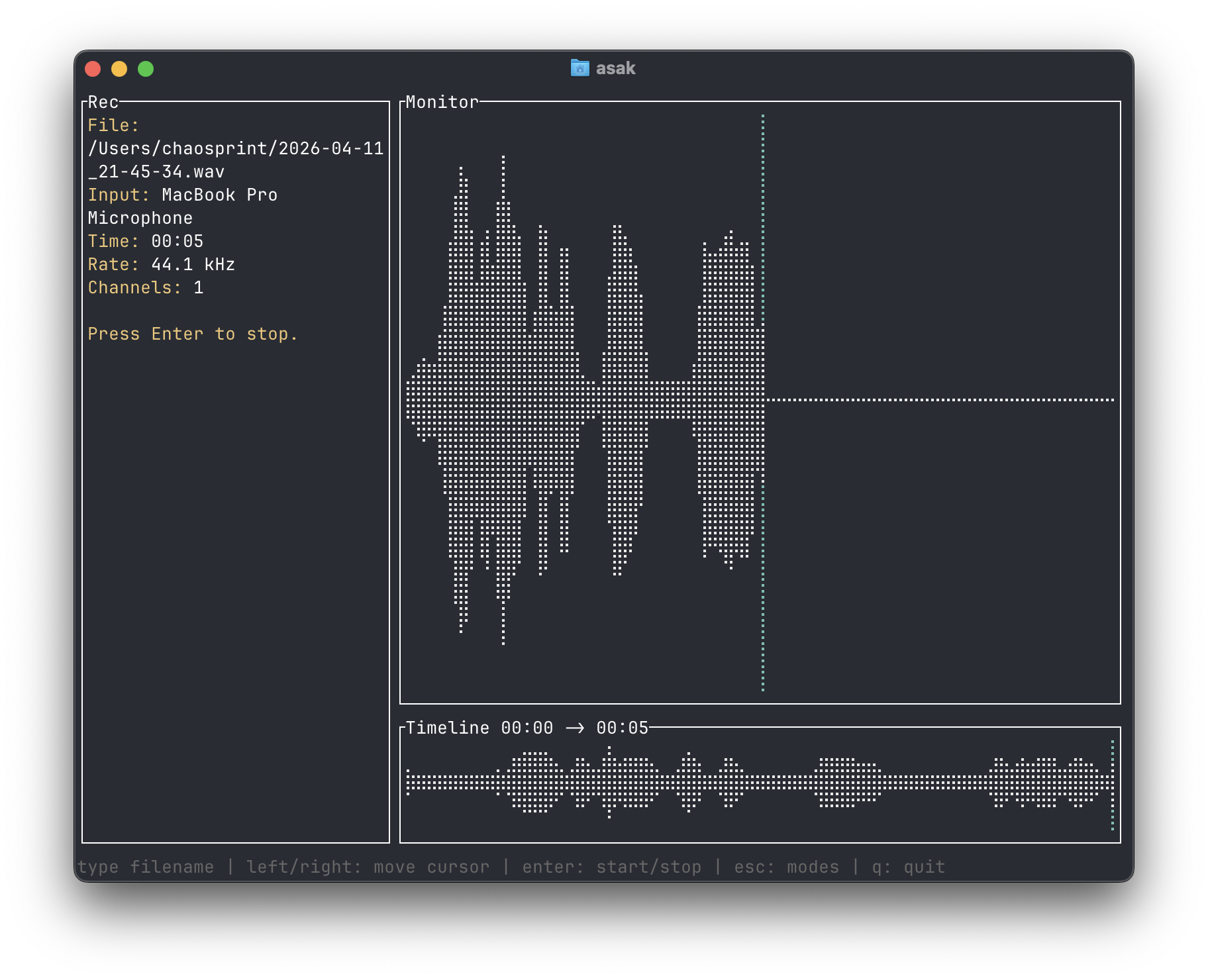 asak TUI interface showing audio file browser and waveform visualization
