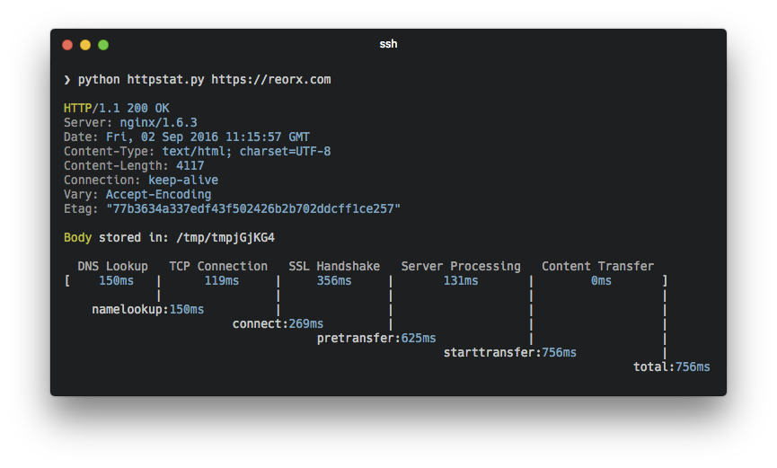 httpstat terminal output showing timing breakdown