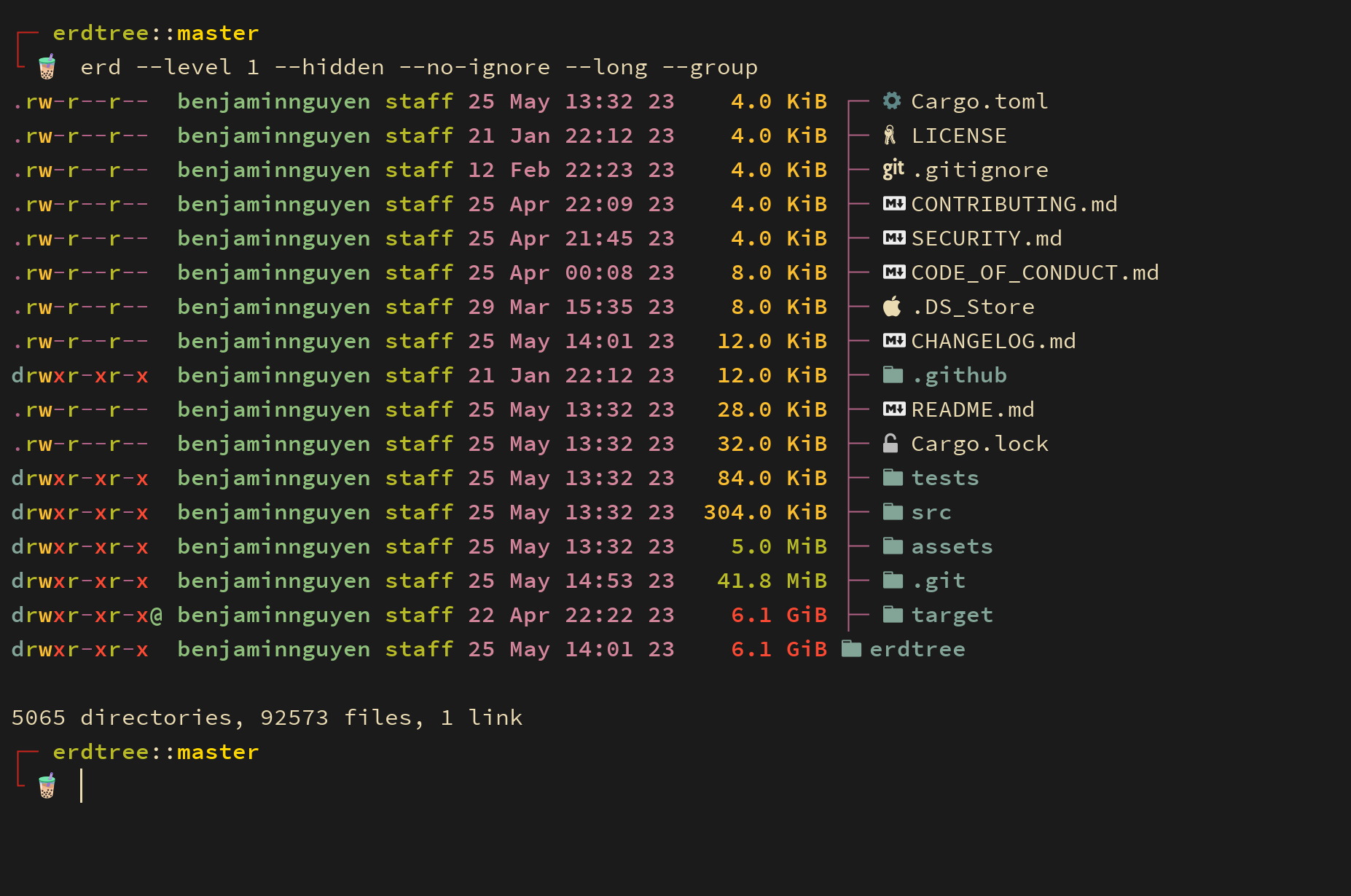 erdtree output showing filesystem tree with disk usage