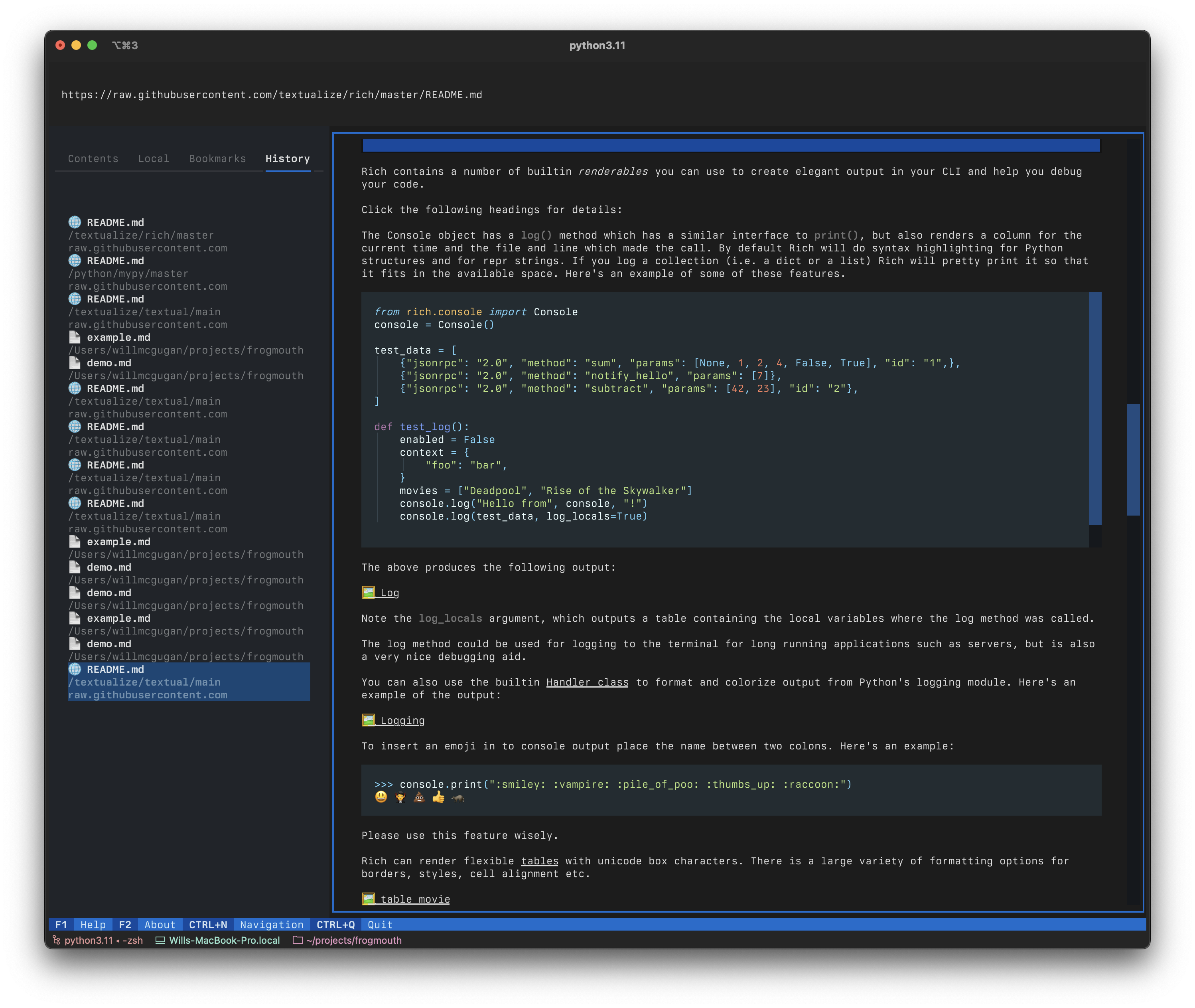 Frogmouth main interface