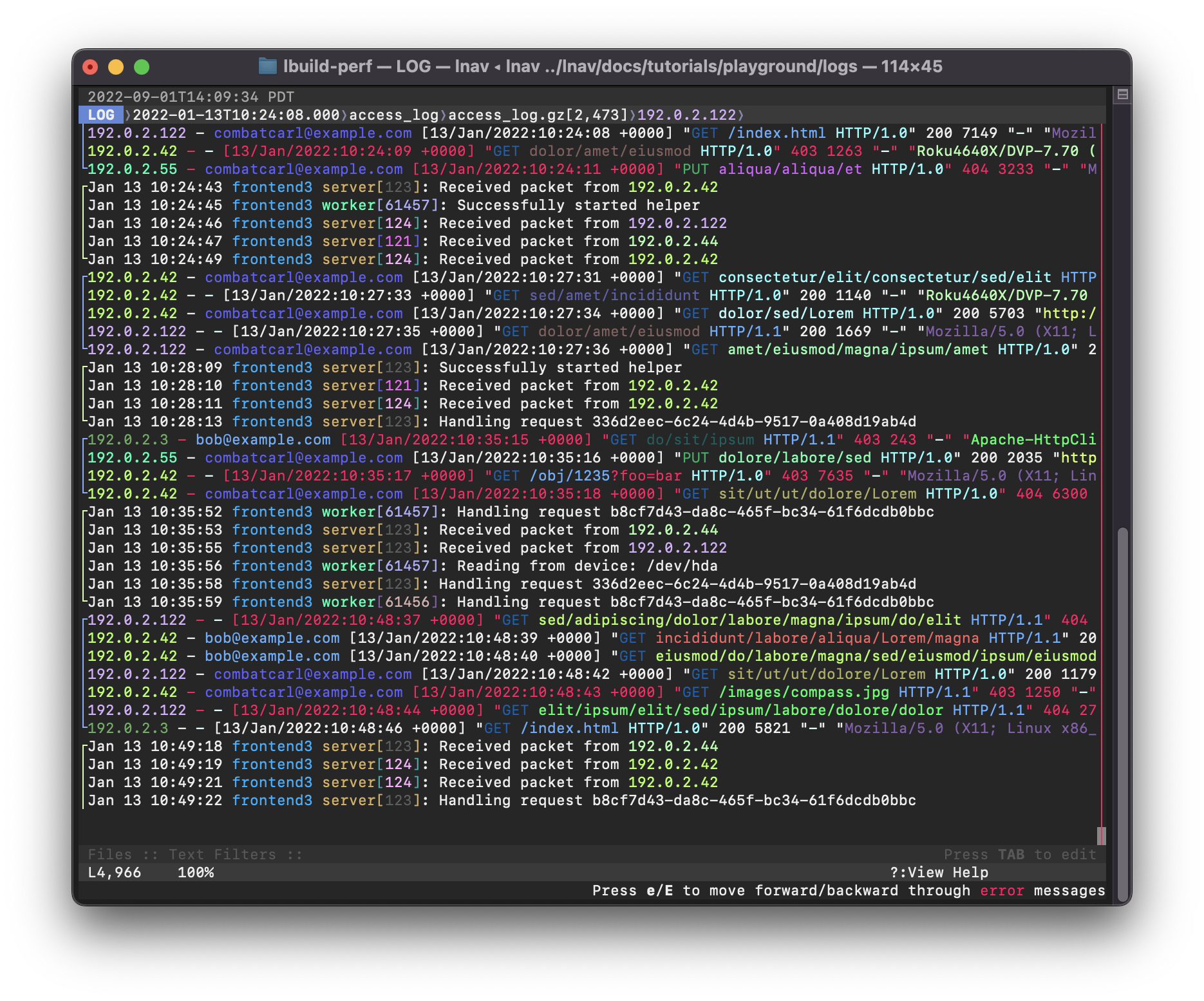 lnav screenshot showing mixed syslog and web access logs