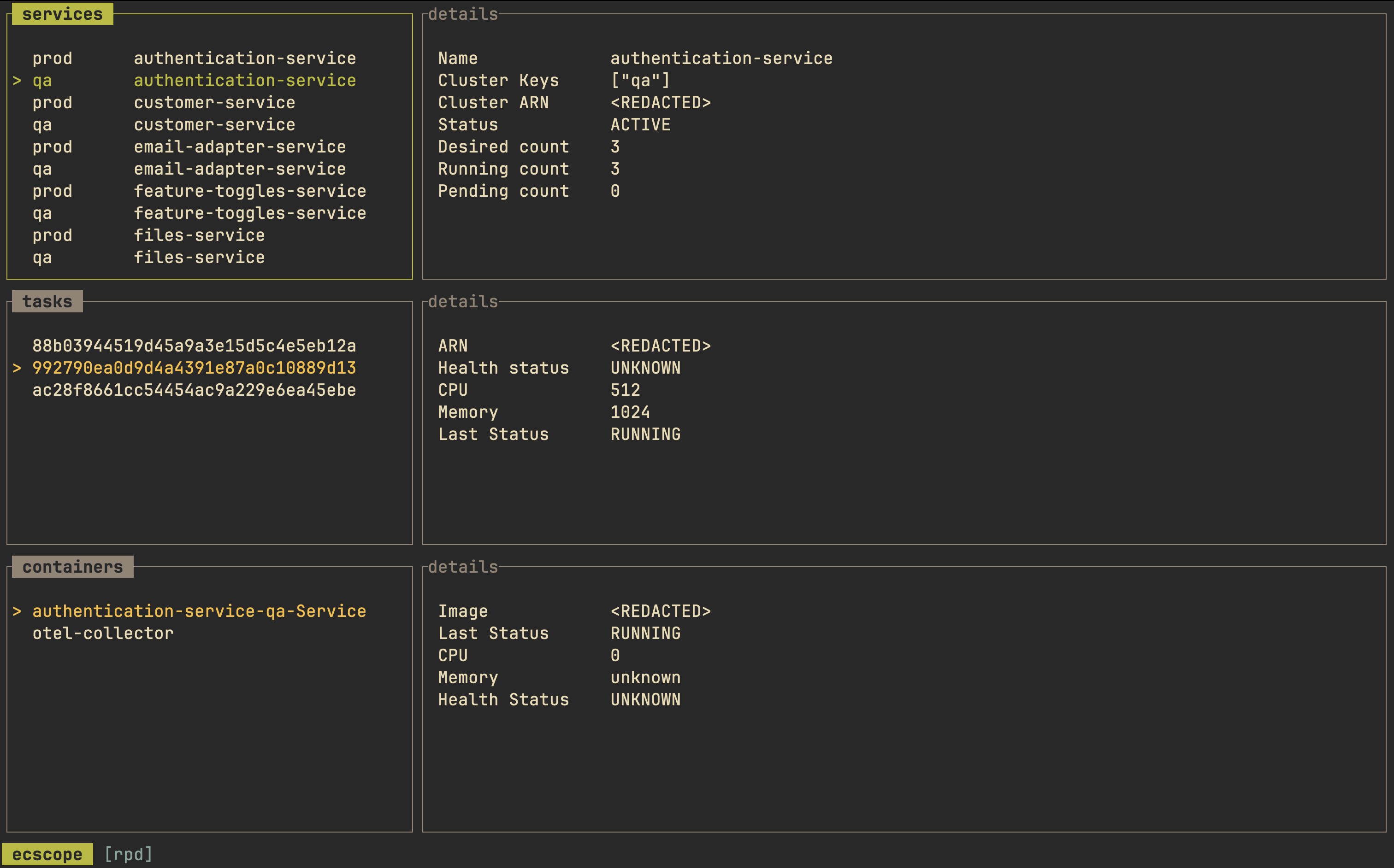 ecscope TUI interface
