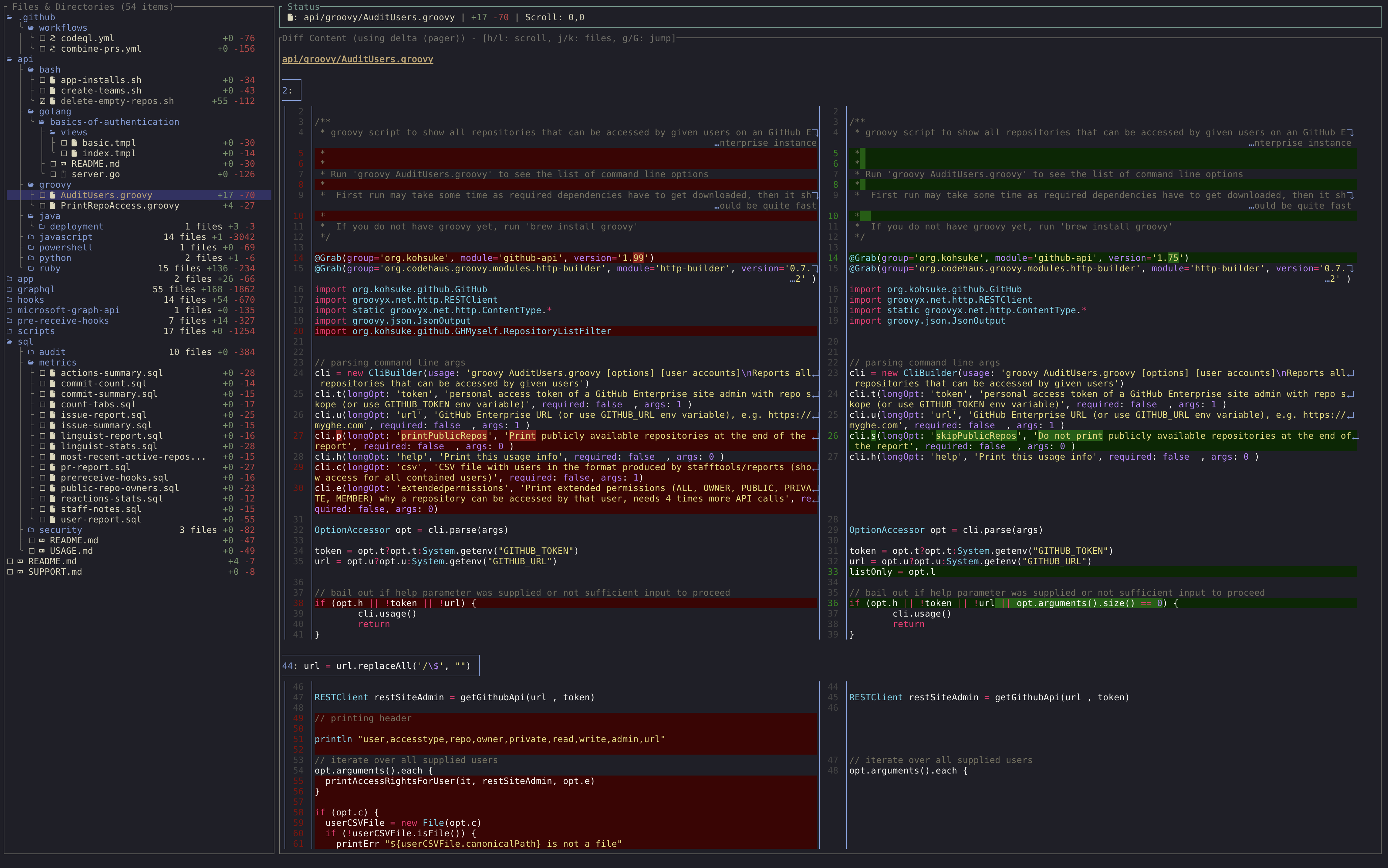 ftdv interface showing file tree and diff view