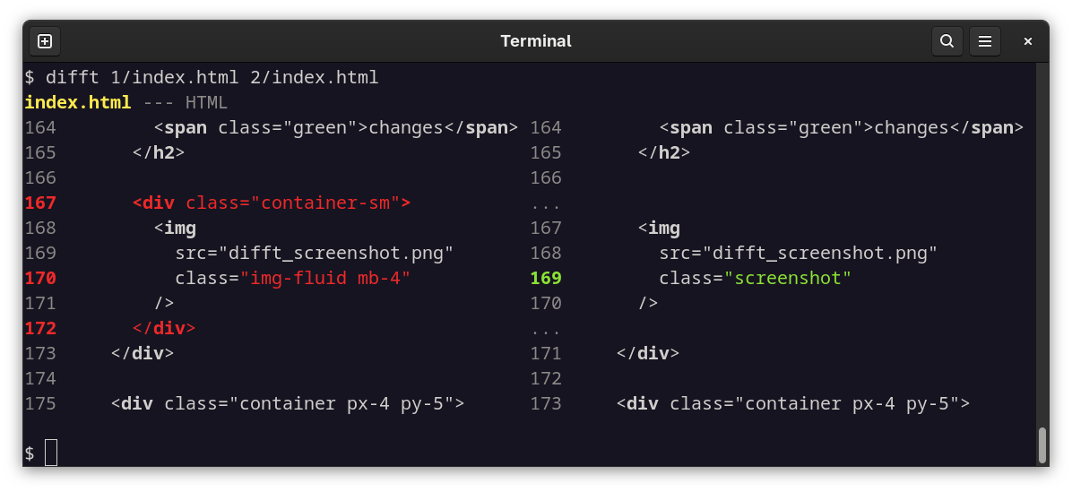 Difftastic showing HTML changes