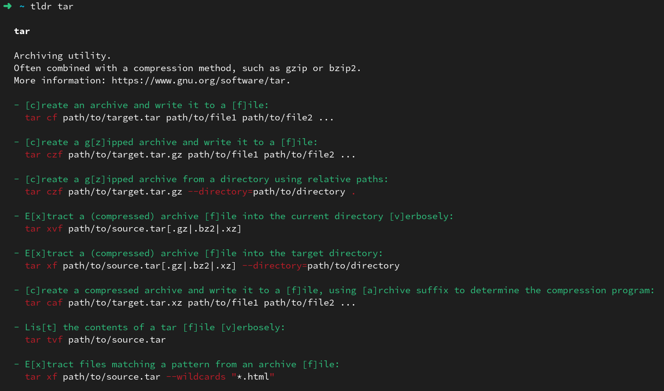 Screenshot of the tldr client displaying the tar command