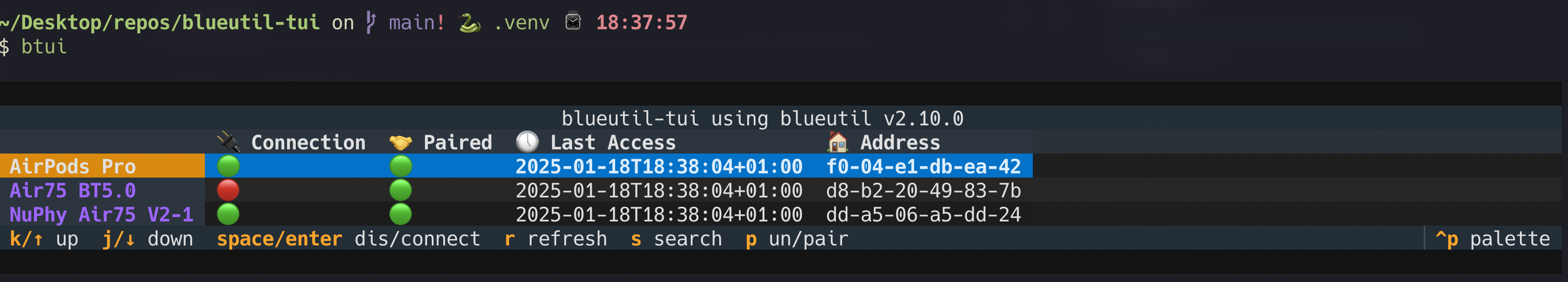 blueutil-tui interface showing Bluetooth devices