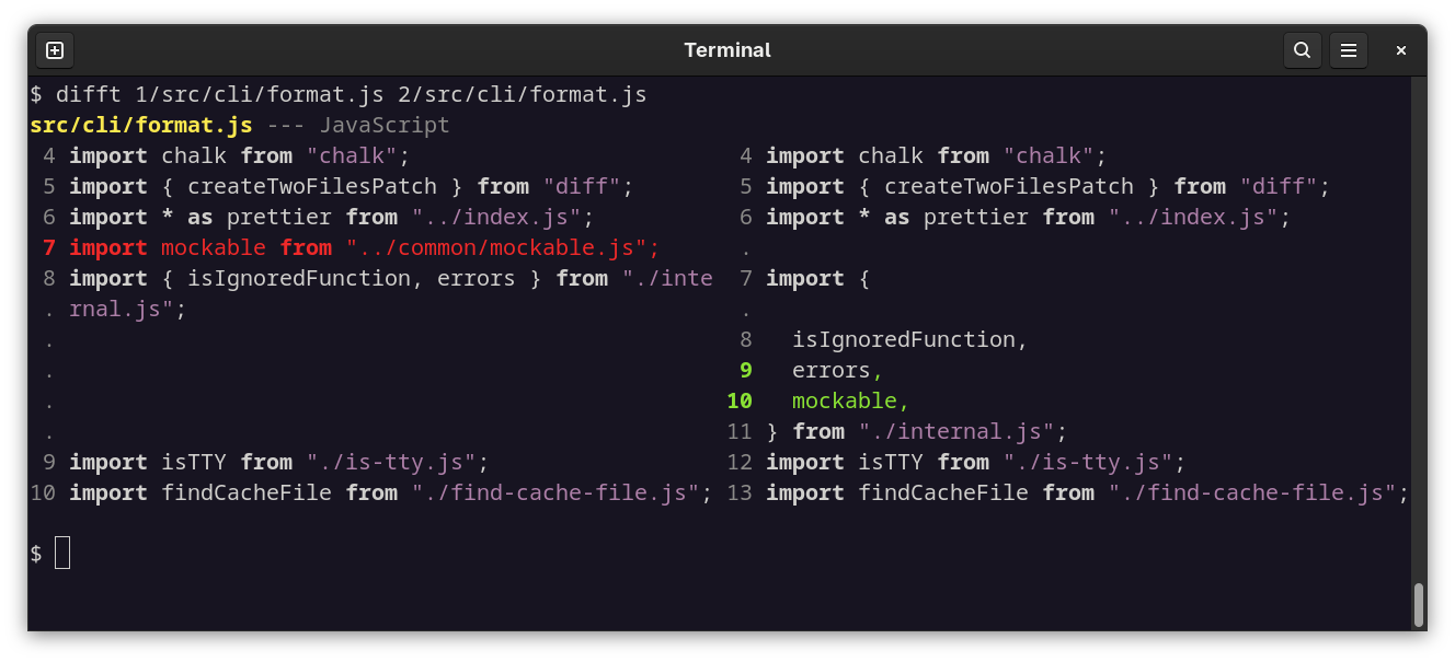 Difftastic showing JavaScript changes